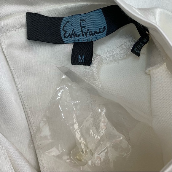 Eva Franco White Annik Satin Blouse Pleated Neckline High Neck Size Medium - Picture 9 of 13